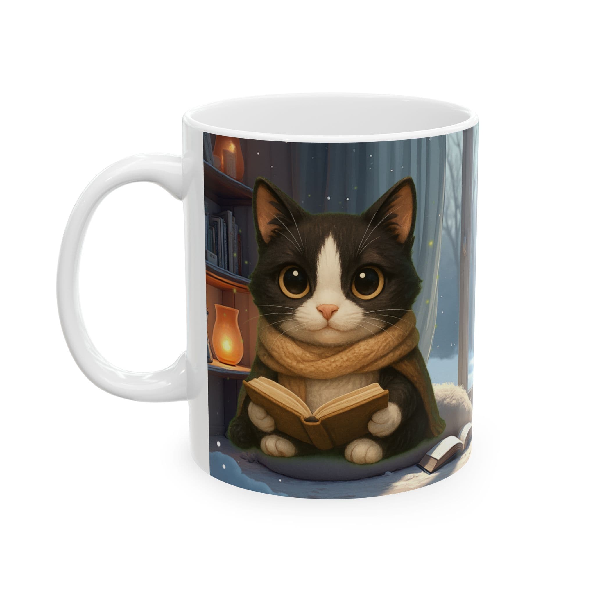 Tuxedo Cat Reading Mug | Cozy Winter Kitten Art Coffee Cup | Cute Book Lover Gift | Black White Cat Ceramic Mug for Readers Moms